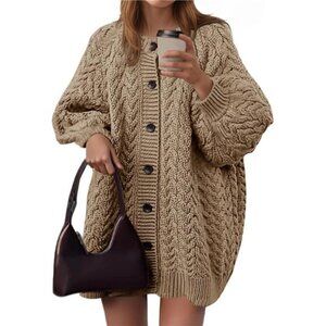 Women's Cable Knit Cardigans Oversized Chunky Button Down Long Lantern Sleeve